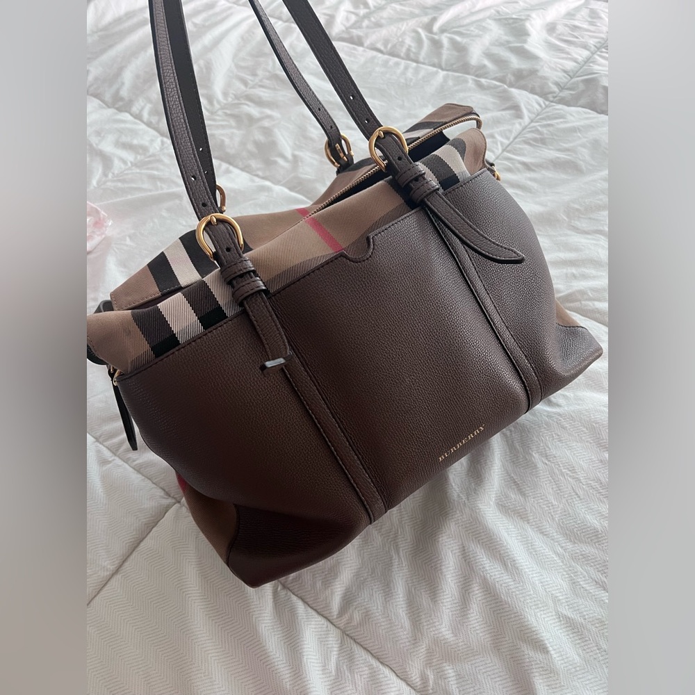 Burberry Brown Leather Tote with Classic Check Trim